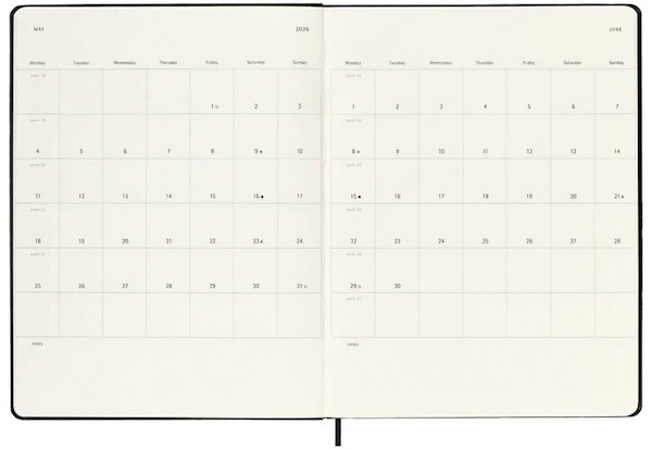 Щотижневик з місцем для записів Moleskine на 2026 рік великий 19 х 25 см чорний