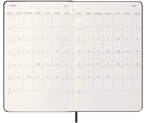 Горизонтальний щотижневик Moleskine на 2026 рік середній 13 х 21 см чорний