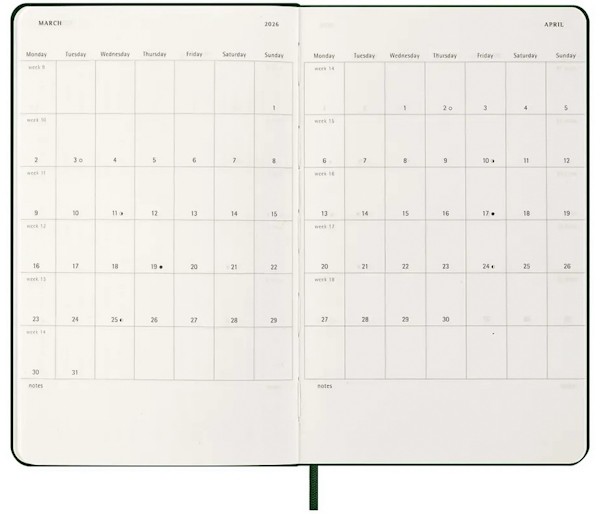 Щотижневик з місцем для записів Moleskine на 2026 рік середній 13 х 21 см миртовий зелений