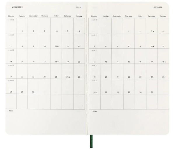 Щотижневик з місцем для записів Moleskine на 2026 рік середній 13 х 21 см миртовий зелений м'який