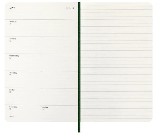 Щотижневик з місцем для записів Moleskine на 2026 рік середній 13 х 21 см миртовий зелений м'який