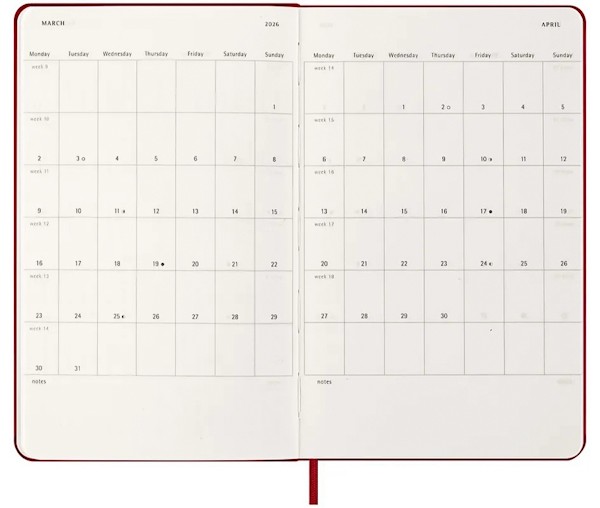 Щотижневик з місцем для записів Moleskine на 2026 рік середній 13 х 21 см червоний