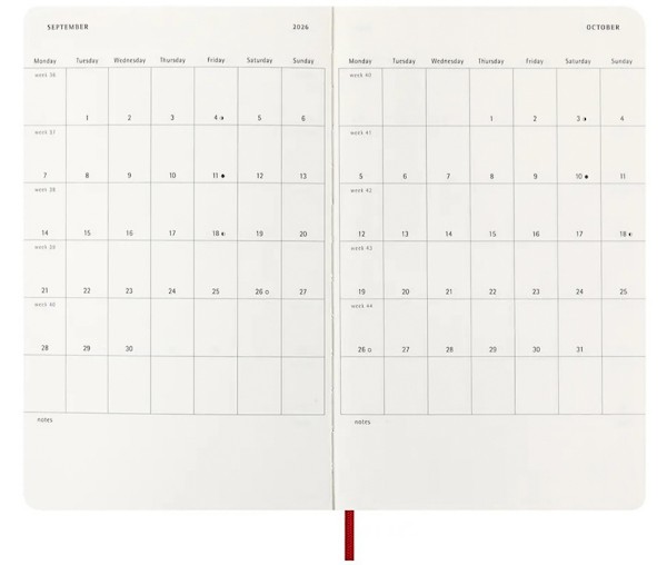Щотижневик з місцем для записів Moleskine на 2026 рік середній 13 х 21 см червоний м'який