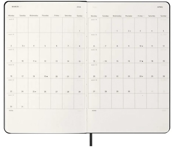 Щотижневик з місцем для записів Moleskine на 2026 рік середній 13 х 21 см чорний
