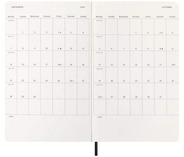 Щотижневик з місцем для записів Moleskine на 2026 рік середній 13 х 21 см чорний м'який