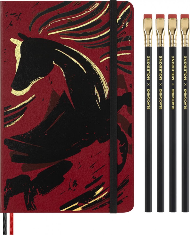 Подарунковий набір блокнот Moleskine Year of the Horse середній 13 х 21 см в лінію червоний та 4 олівця Blackwing