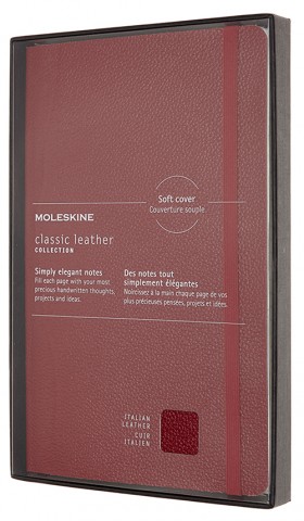 Блокнот Moleskine Leather середній 13 х 21см в лінію бордовий м'який у прозорому боксі
